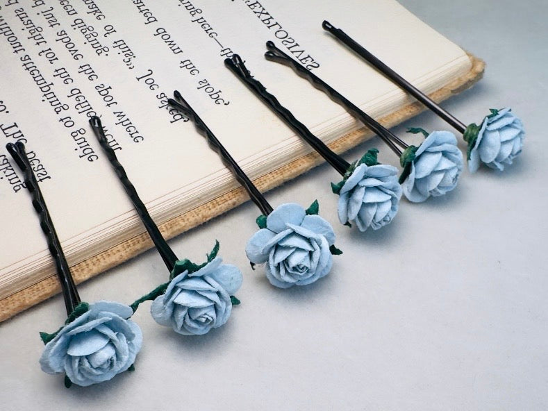 Ice Blue Flower Hair Pins, Handmade Mulberry Paper Rose Bridal Bobby Pins