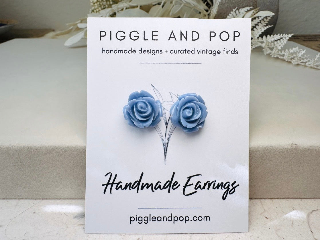Flower Stud Earrings, Dusty Blue Earring, Large Rose Earrings, Rose Stud Earring, Big Flower Earrings, Resin Stud Earring, Hypoallergenic
