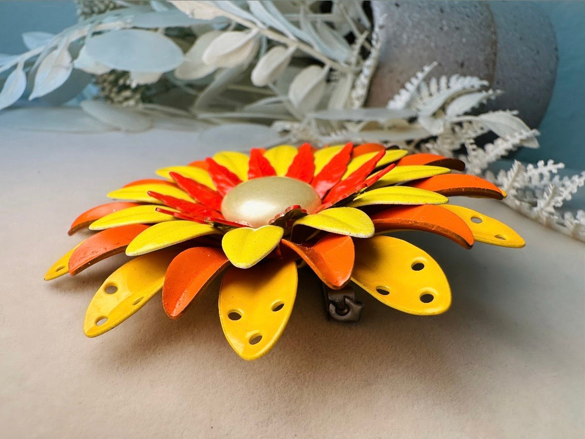 Huge Vintage Flower Brooch, Oversized 1960s Mod Flower Power Enamel Pin in Yellow Orange + Red, Colorful Floral Pin with Pearl Center