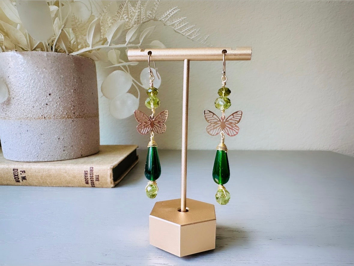 Green Butterfly Earrings, Bridgerton Inspired Handmade 14k Gold Filigree Butterfly Green Crystal Dangle Earrings, Woodland Whimsical Earring by Piggle and Pop