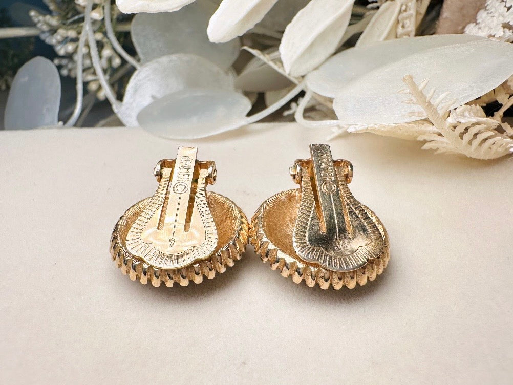 Vintage Crystal Button Clip on Earrings, Designer Signed Kramer Art Deco Earrings, Pave Set Rhinestone Gold Earrings