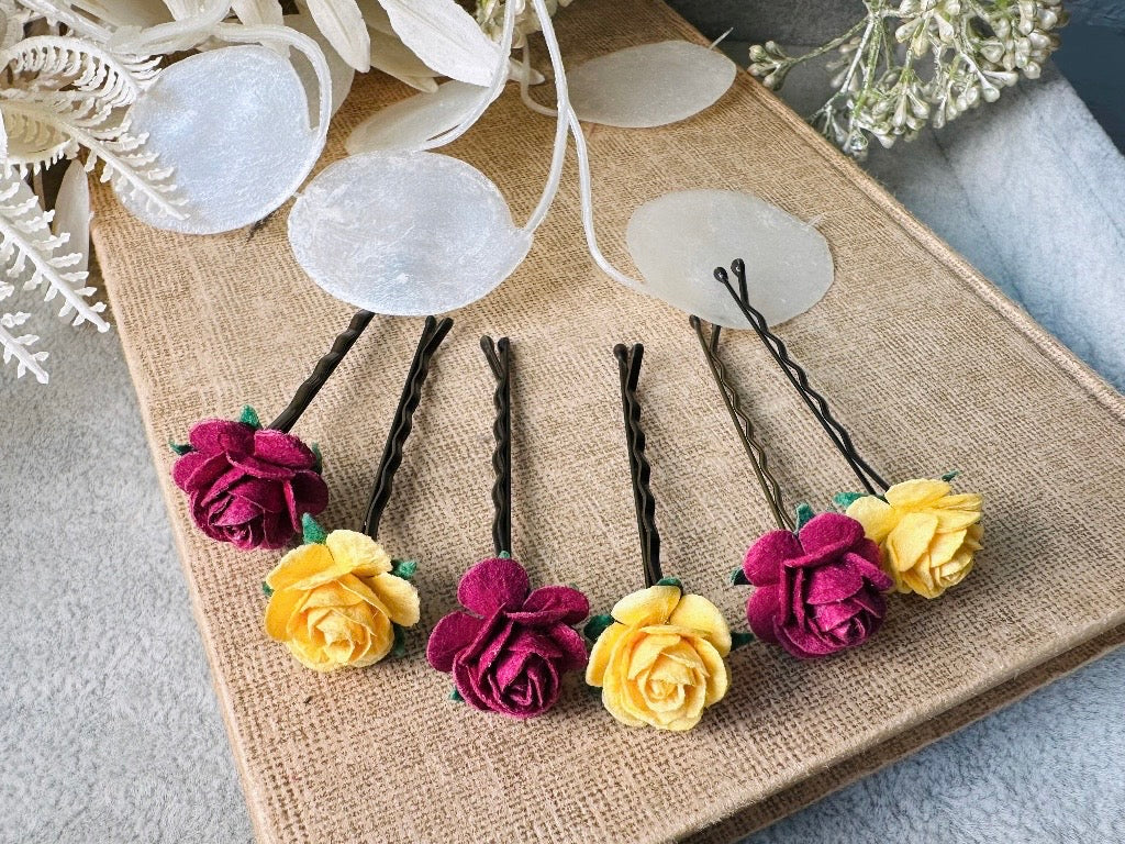 Rose Hair Pins in Marigold Yellow & Plum Wine, Paper Rose Bobby Pin, Floral Hair Accessories, Handmade Flower HairPins for Wedding Prom Hair from Piggle and Pop