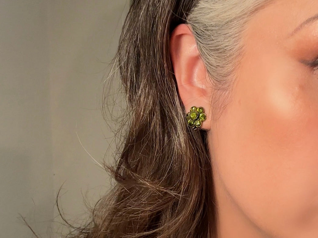 Green Rhinestone Flower Earrings, Small Vintage 1960s Olive Green Crystal Clip On Earrings