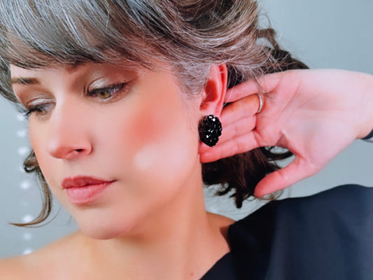 All Black 1960's Sparkling Earrings, 60s Signed Designer Weiss Vintage Teardrop Clip On Black Rhinestone on Black Enamel Earrings