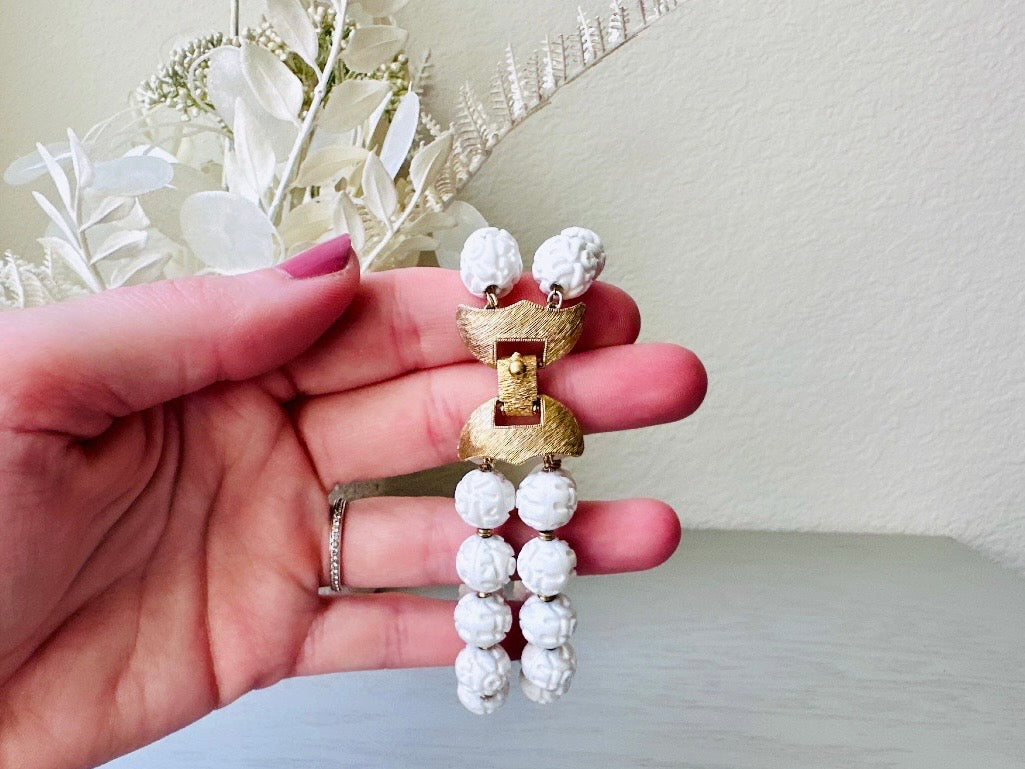 1960's Carved White Floral Bracelet, VTG 60s White Acrylic Double Strand Bracelet with Beautiful Clasp, White & Gold Signed Monet Bracelet