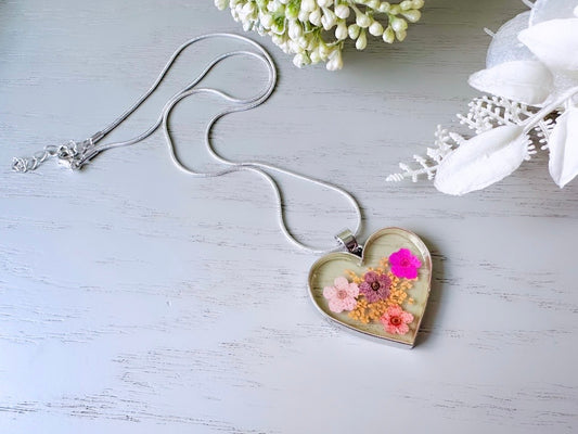 Dried Flower Heart Necklace, Pink Orange and Yellow Pressed Flower Pendant Necklace on Silver 16" Skinny Snake Chain, Cute Heart Necklace