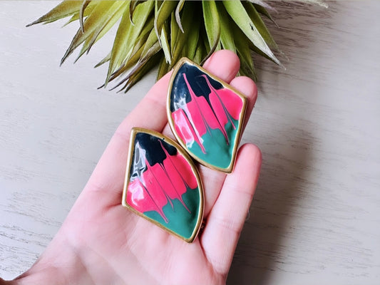 1980s Painted Abstract Earrings, Pink Teal Black and Gold Unique Colorful Paint Splatter Earrings, 80s Drip Enamel Pierced Statement Earring