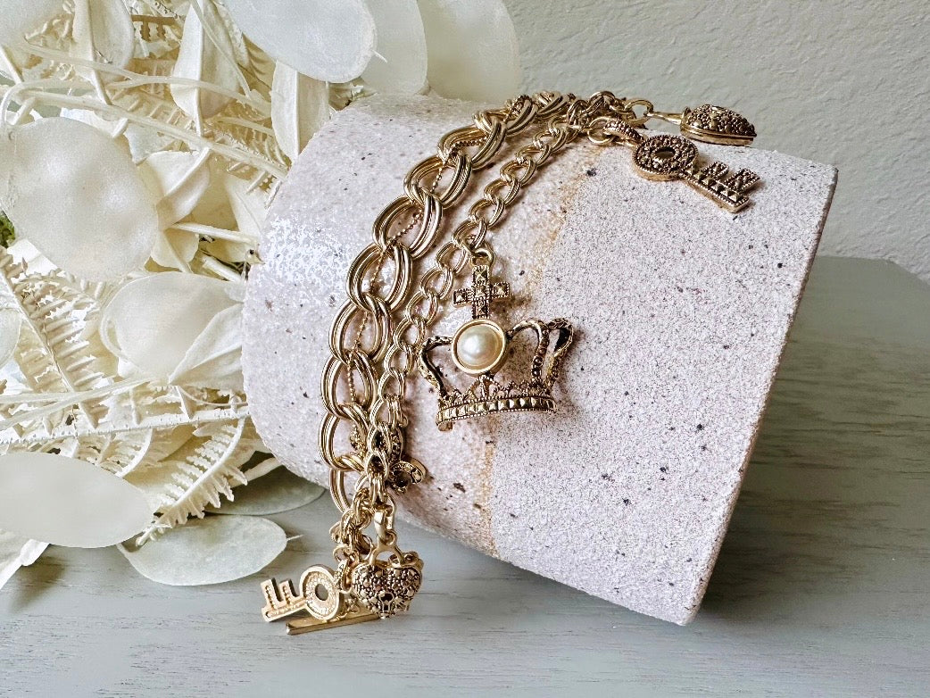 Vintage Charm Bracelet, Gold Triple Chain Bracelet with Hearts, Keys, fleur de lis Pearl Goldtone Bracelet, Vintage Gifts for Her 8.25” Long