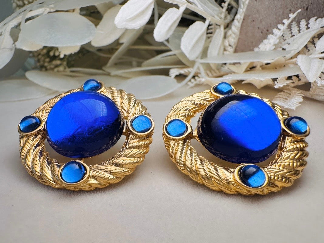 Cobalt Blue Gold Rope Earrings, Vintage Park Lane Earrings with Deep Blue Glowing Cabochons
