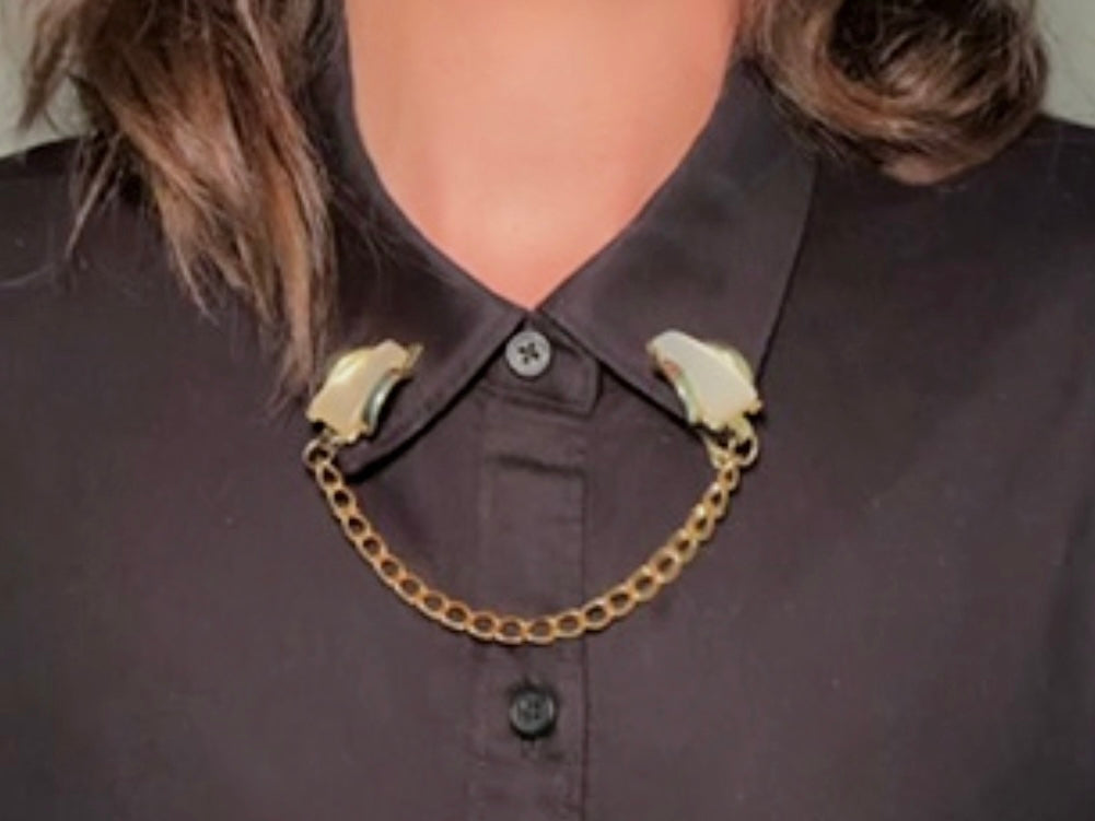 1950s Vintage Sweater Clips, Gold Chain Collar Clips with Moonglow Thermoset Cabochons