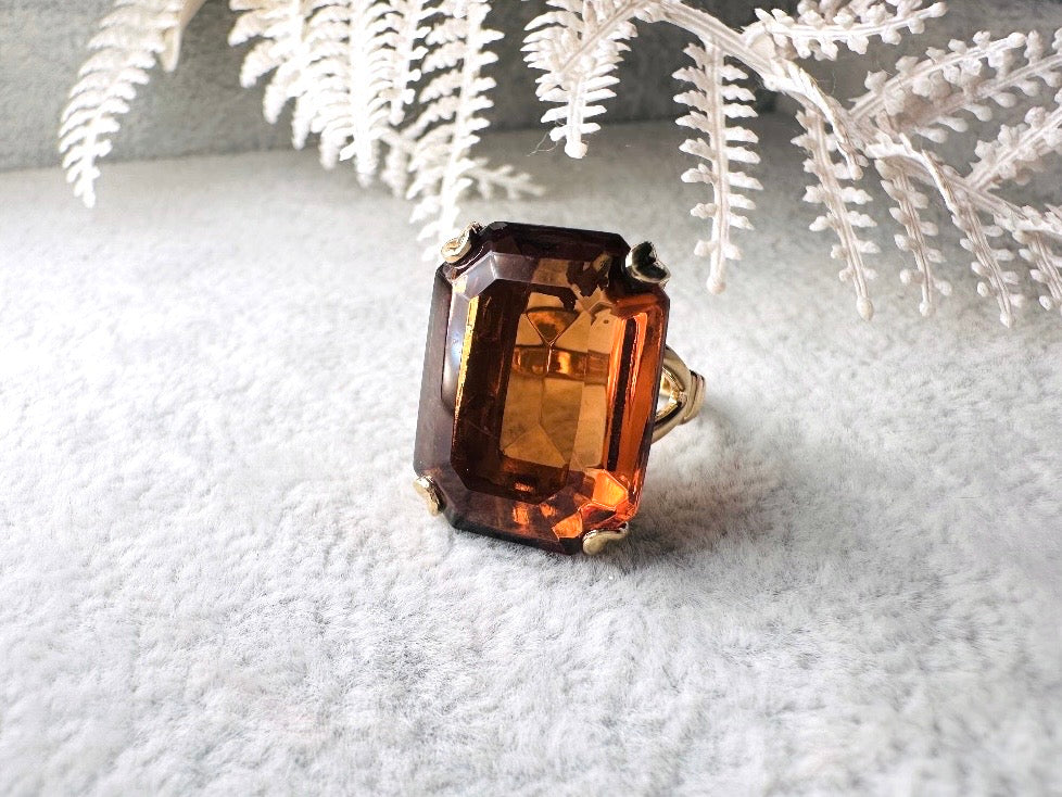 Vintage 70s Ring, Large Solitaire Topaz Rectangle Emerald Cut 1978 Smoky Lustre November Birthstone Cocktail Ring, Chunky Costume Jewelry