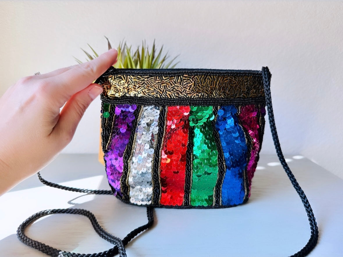 Rainbow Sequin Purse, Incredible 1980s Vintage Multicolor Sequin Beaded Handbag, Pink, Purple, Blue, Green, Gold, Silver. 80s Rainbow Clutch