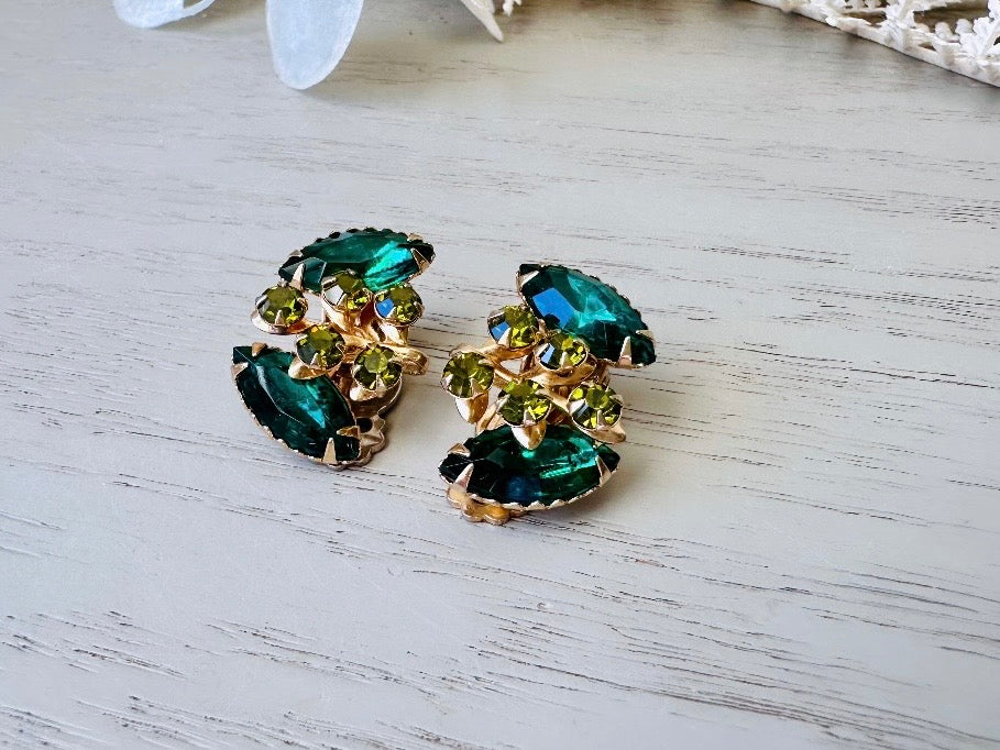 Emerald and Olive Vintage Rhinestone Earrings, Vintage 1960's Emerald Crystal Clip On Earrings, Unique Shape Marquis Navette Glam Jewelry