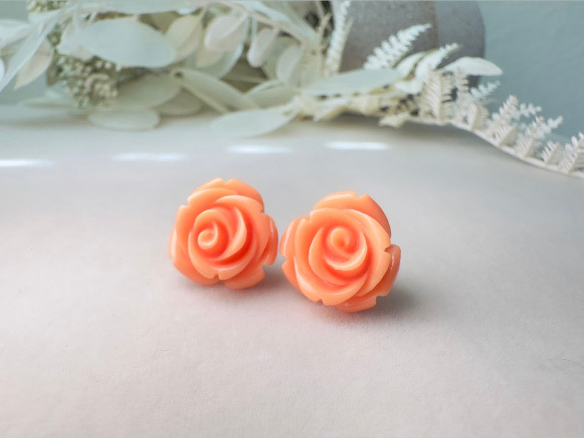 Orange Rose Earring, Light Orange Sorbet Summer Earrings, Colorful Cute Large Rose Stud Earrings, Resin Cabochon Rosettes, Hypoallergenic