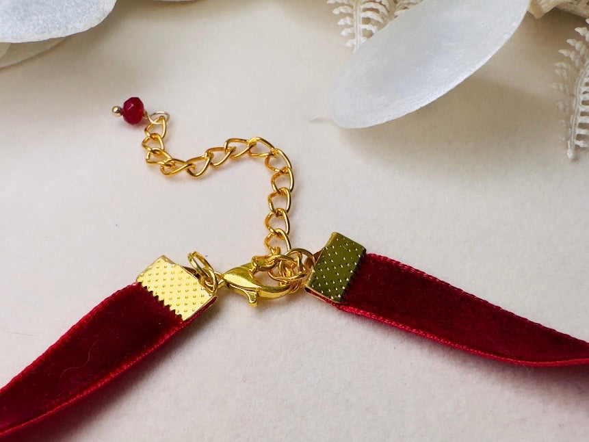Cream and Gold Vintage Striped Puffy Heart Pendant on Cranberry Red Velvet Choker