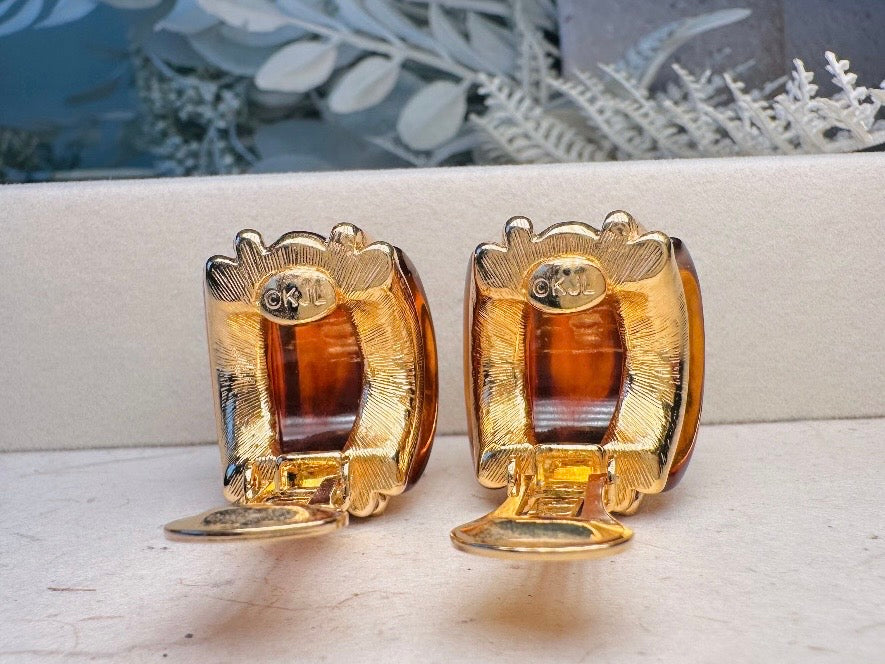 KJL Vintage Amber Lucite Double Ribbed Huggie Earrings