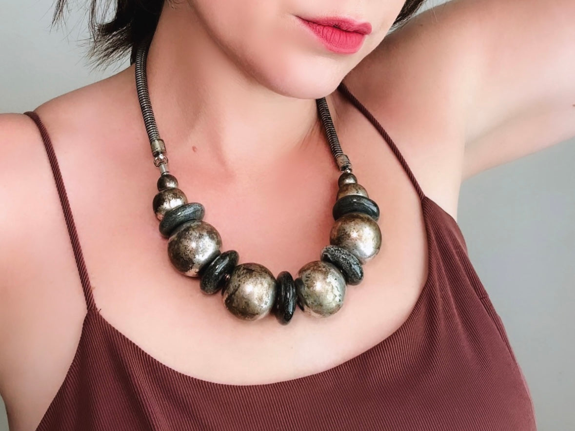 Vintage Sphere Necklace, Rustic Industrial Necklace, Black Gunmetal Pewter Silver Ball & Black Stone Necklace, Chunky Eclectic Necklace