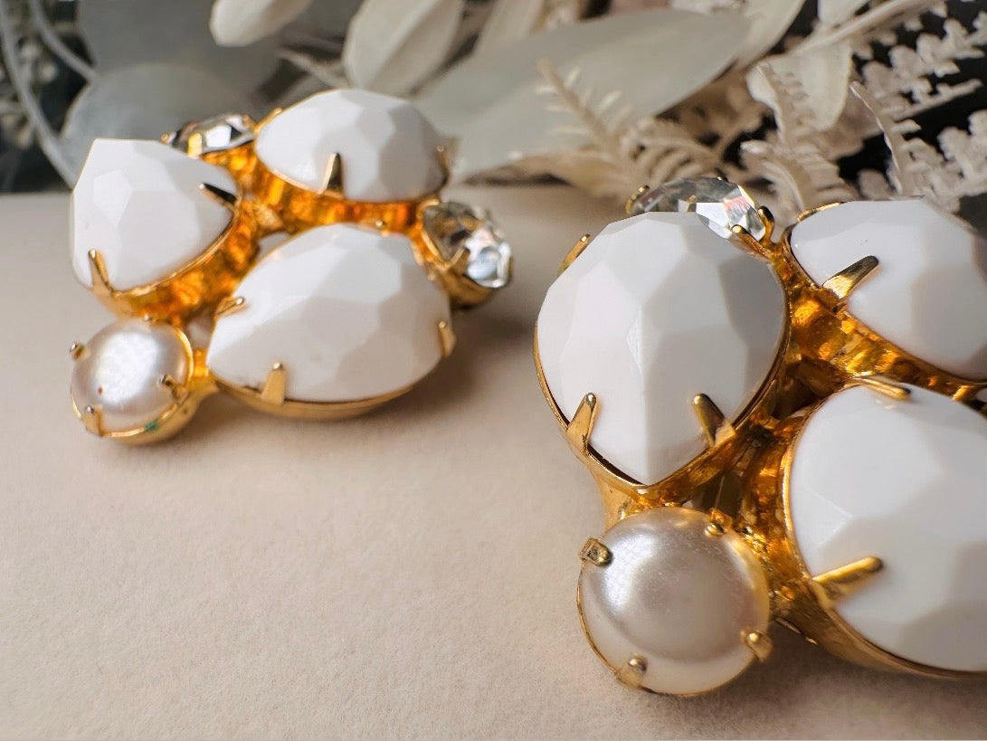 Vintage White Earrings, Pearl and Rhinestone Gold Clip On Cluster Earrings, 1960s Designer Vintage Kenneth Jay Lane Statement Earrings