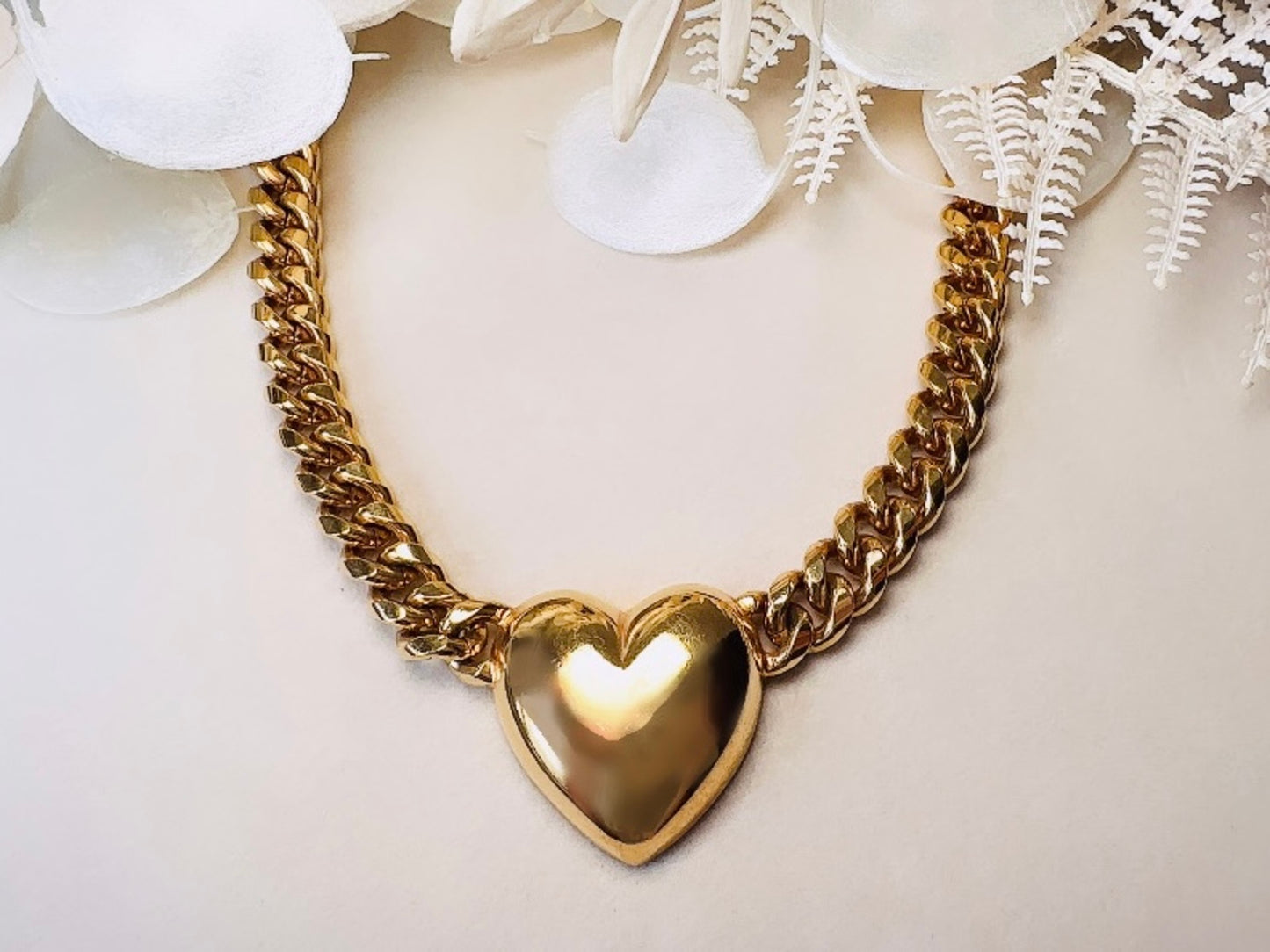 Gold Heart Necklace, Vintage Cuban Chain Choker with Gold Puffy Heart Pendant