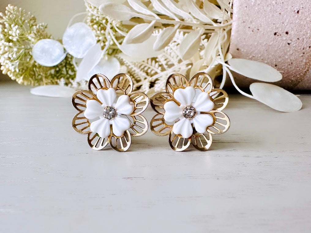 Gold Filigree Flower Earrings, 1960s Vintage Earrings, White and Gold Bridal Clip On Earrings, White Acrylic Petals with Rhinestone Centers