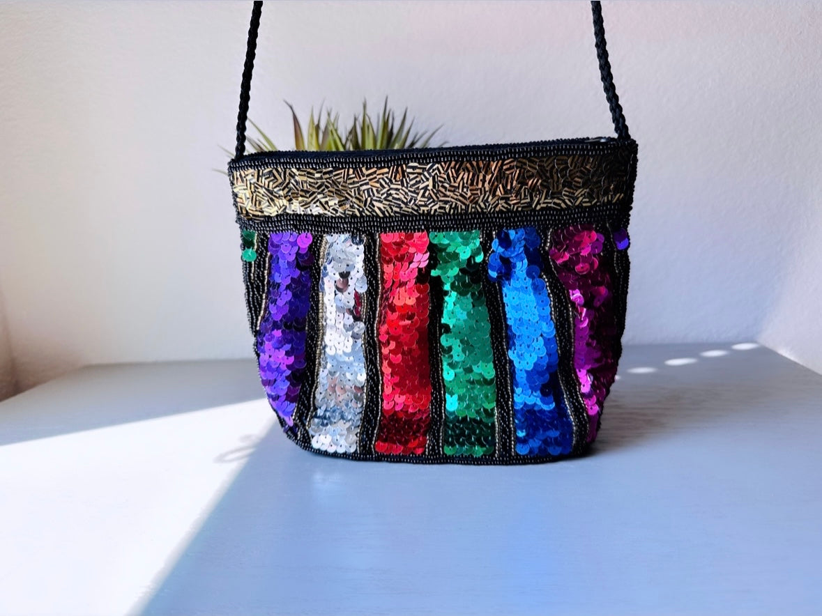 Rainbow Sequin Purse, Incredible 1980s Vintage Multicolor Sequin Beaded Handbag, Pink, Purple, Blue, Green, Gold, Silver. 80s Rainbow Clutch