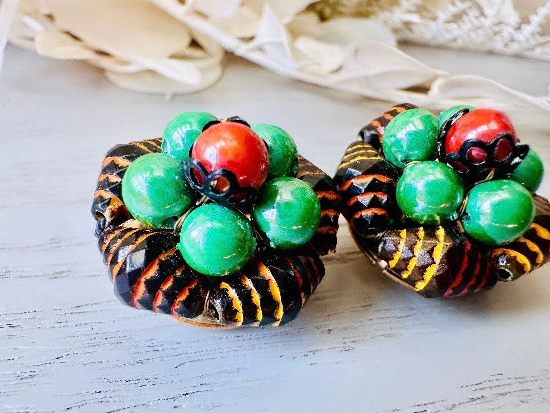 Red and Green Vintage Earrings, Unique 1960s Beaded Clip On Earrings, Made in Hong Kong, Super Cool Mod Pop Retro Authentic 60s Earrings