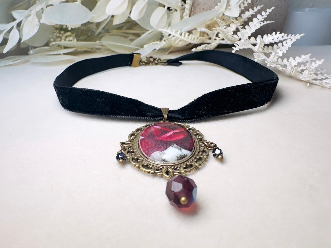 Victorian Choker with Burgundy Rose Vintage Cameo and Black Velvet Ribbon, Handmade Gothic Choker with Flower Pendant and Crystals