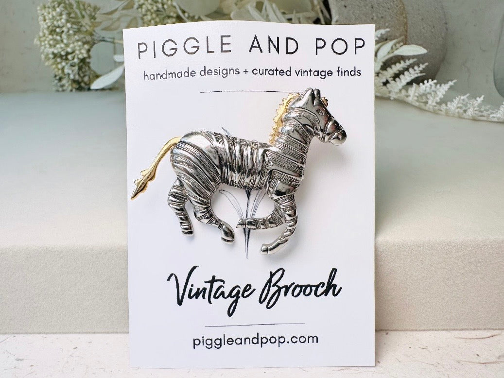 Vintage Zebra Brooch Pin, Liz Claiborne Mixed Metal Silver and Gold Wild Zebra Pin