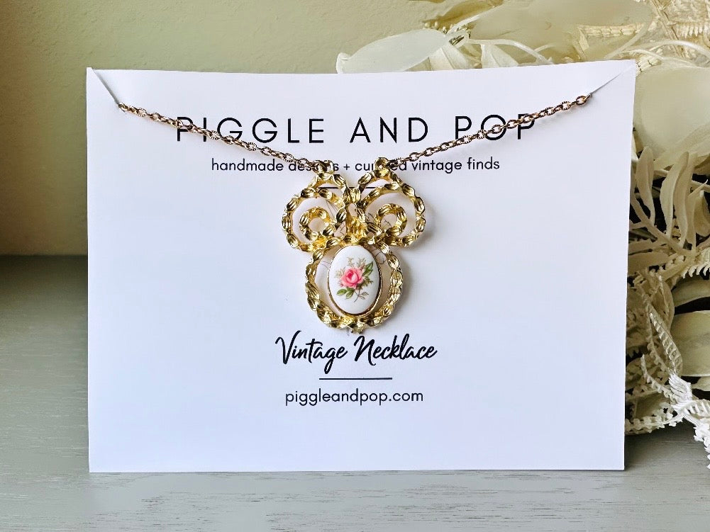 Bridgerton Rose Cameo Necklace, Vintage Gold Tone Floral Pendant Necklace, Cottagecore Porcelain Rose Flower Necklace, Long 24" Gold Chain Romantic Regency Era Necklace from Piggle and Pop