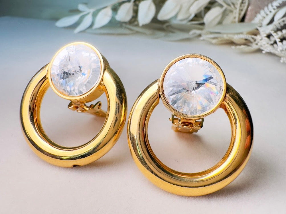 Bold 80s Door Knocker Earrings, Vintage Gold Hoop Earrings with Diamond Rhinestone Clip Earrings, Elegant 1980s Retro Fashion Earrings