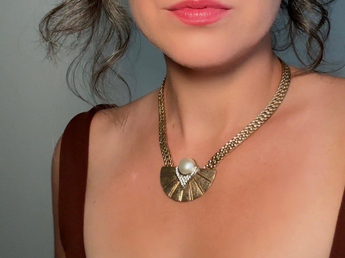 Art Deco Necklace, Vintage Park Lane Pendant Necklace w Gold Fan, 80s Pave Rhinestone Detail and Cream Pearl Cabochon, Chunky Chain Choker