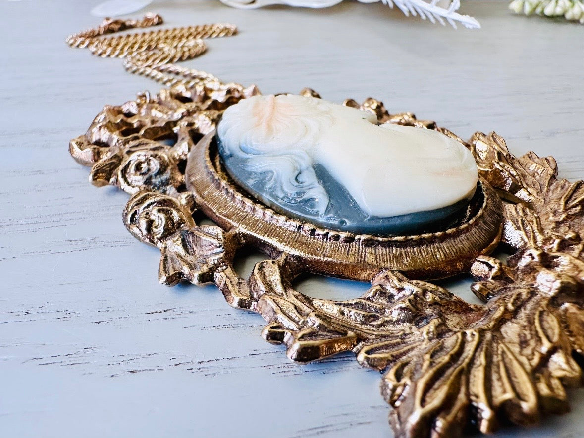 Victorian Cameo Necklace, Huge Antique Gold Pendant Necklace with Black and Cream Raised Cameo Statement Necklace, Victorian Revival Cameo