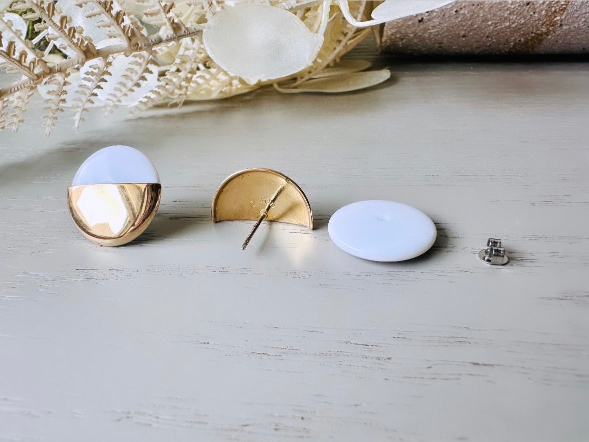 White & Gold Earrings, Vintage 1980's Stud Earrings, Round Acrylic Posts with Gold Half Moon Overlay, Interesting Pierced Post Gold Earrings