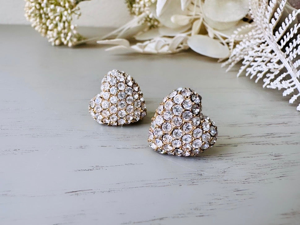 Rhinestone Heart Vintage Earrings, Sparkling Silver Swarovski Pave Set Crystal Earrings, Monet Clip On Earrings, Designer 1980s Earrings