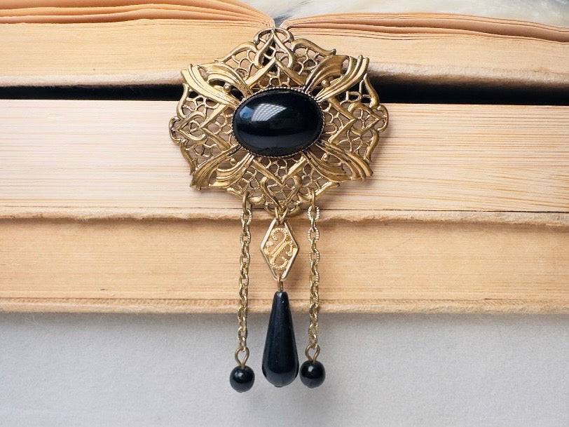 Black Victorian Brooch, Antique Filigree Pin with Black Cameo & Chain Tassels  Romantic Victorian Revival Jewelry