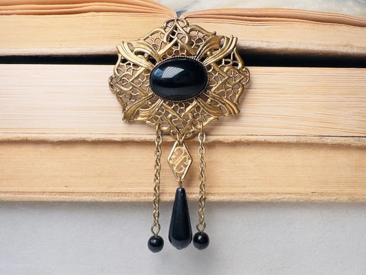 Black Victorian Brooch, Antique Filigree Pin with Black Cameo & Chain Tassels  Romantic Victorian Revival Jewelry