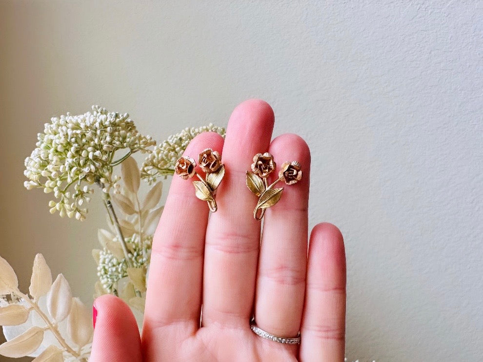 Gold Rose Earrings, Gorgeous Dainty Vintage Screwback Earrings, Sculptutal Rose Gold Leaf Mesh Rose Nonpierced Earrings, Krementz Jewelry