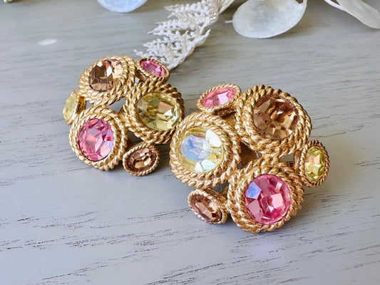 Ciner Vintage Earrings, Pink Chartreuse Topaz Multicolor Rhinestone Gold Rope Crystal Clip On Earrings, Rare Designer Vintage 1980s Earrings