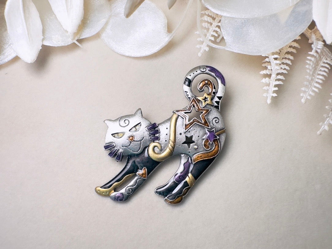 Vintage Cat Brooch, Celestial Pewter Brooch with Enamel Star Accents