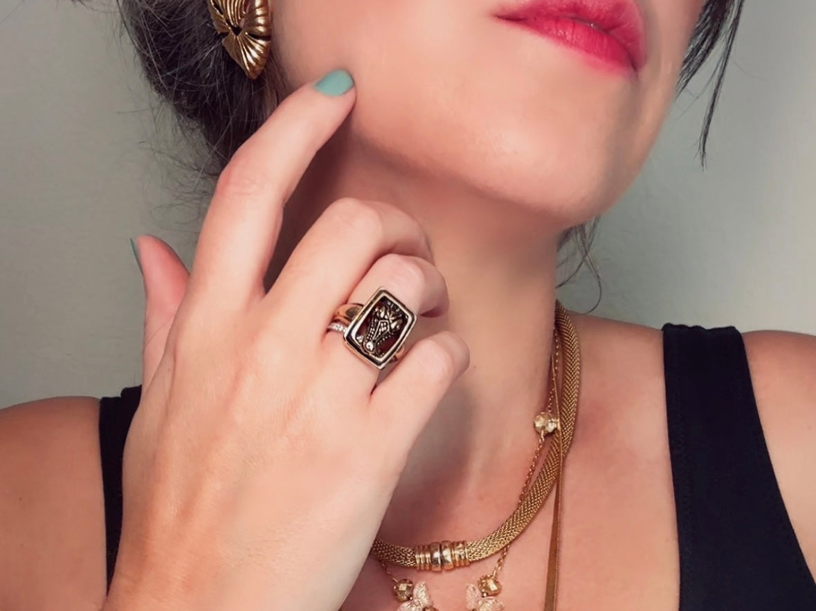 Vintage Alligator Ring, Large 14kt Gold Plated Ring, Rectangle Frame Dimensional Alligator Head Cocktail Ring, Fiercely Fab Costume Jewelry