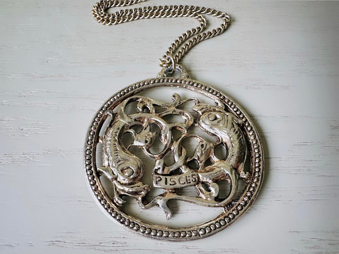 Vintage Pisces Zodiac Necklace, Star Sign Astrology Necklace, Unique Birthday Necklace, 24" Long Silver Pendant Necklace Vintage Astrology