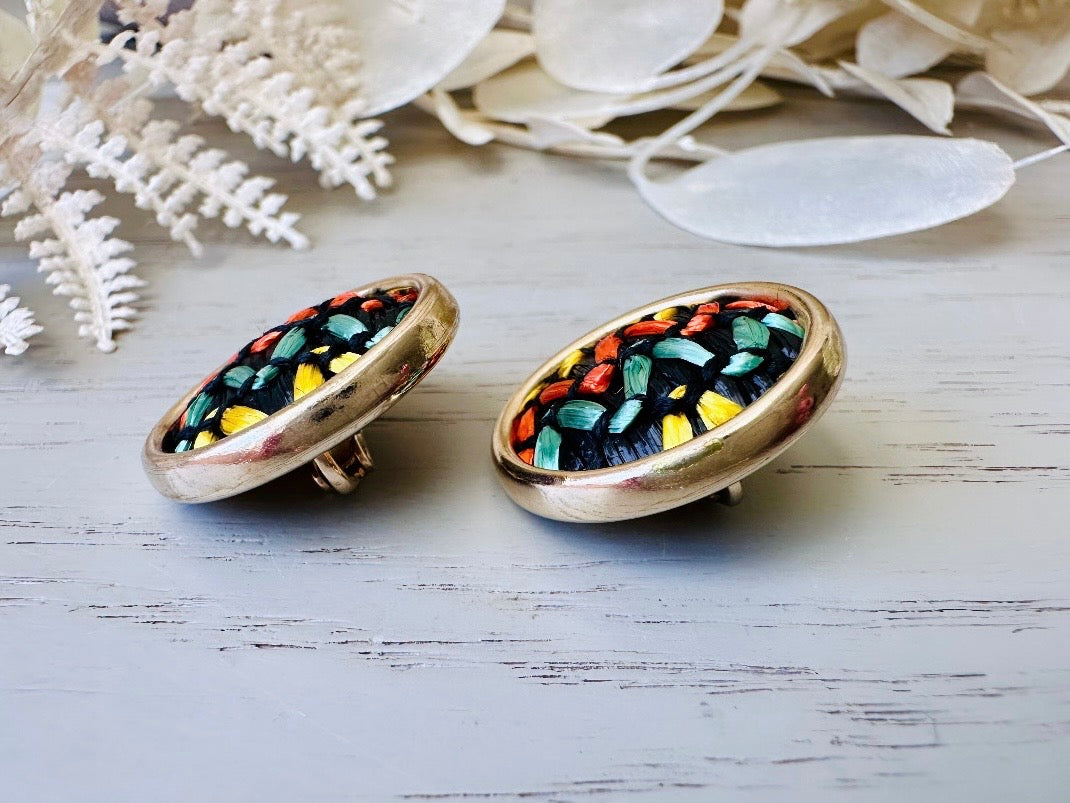 1960s Vintage Earrings, Unique Basket Weave Textile Button Studs, Black Orange Teal Yellow Gold Frame Clip On Earrings Sarah Coventry 1964