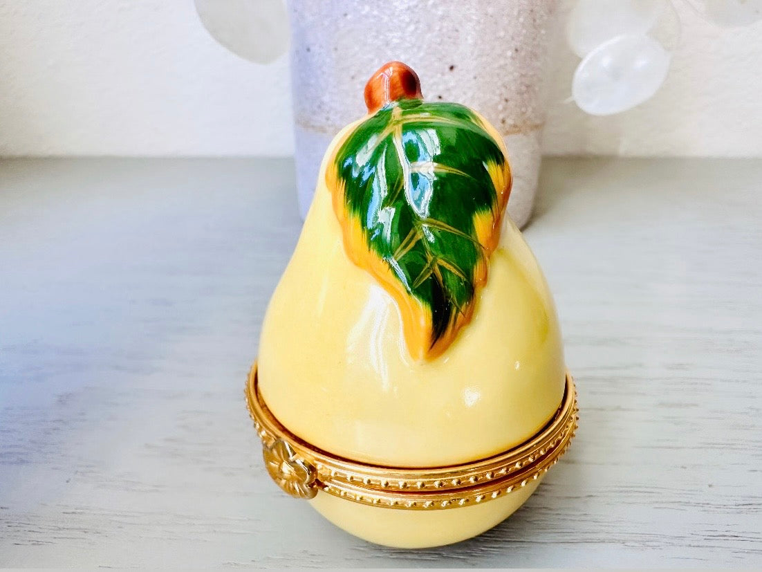 Vintage Pear Trinket Box, French Country Vintage Porcelain Vanity Dresser Mini Jewelry Box, Golden Pear with Green Leaves + Gold Accents