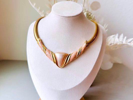 1980's Napier Necklace, Vintage 80s Peach and Gold Enamel Choker Necklace, Geometric Bib Necklace, Pearlized Retro Gold Collar Necklace