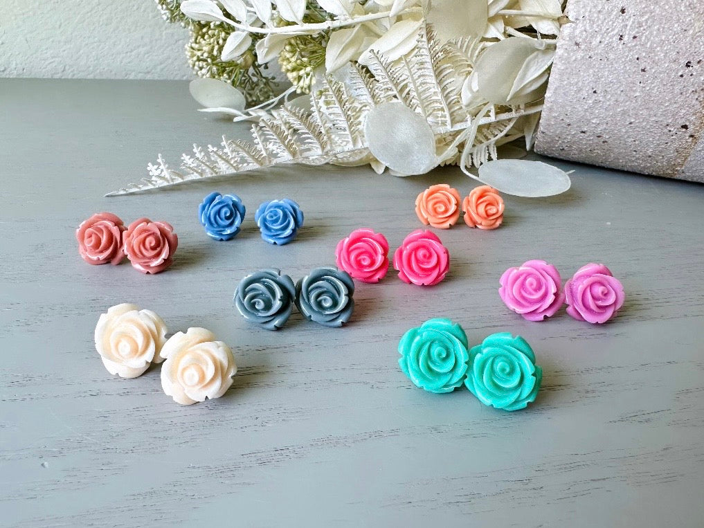 Coral Pink Rose Earrings, Large Rose Stud Earrings, Resin Cabochon Rosettes Hypoallergenic Surgical Steel Handmade Earrings Sensitive Ears