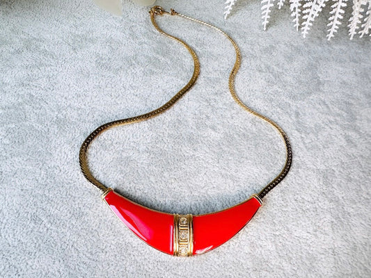 Red Vintage Necklace, Stunning Gold Collar Necklace with Bright Red Enamel Crescent Bar Pendant, 80s Etruscan Necklace w Rhinestone Details