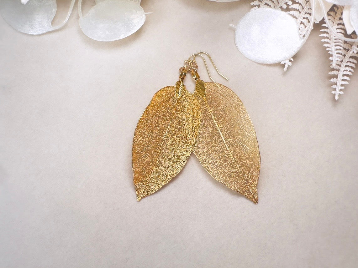 Gold Leaf Earrings, Handmade 14kt Gold Real Leaf Dangle Earrings