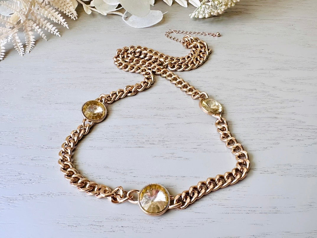 Gold Vintage Lariat Chain Necklace with Triple Stone Swarovski Rivoli Crystals, Layered Look Bold 80s Mogul Style