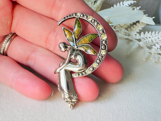 Vintage Liz Claiborne Enameled Fairy & Crescent Moon Brooch Pin