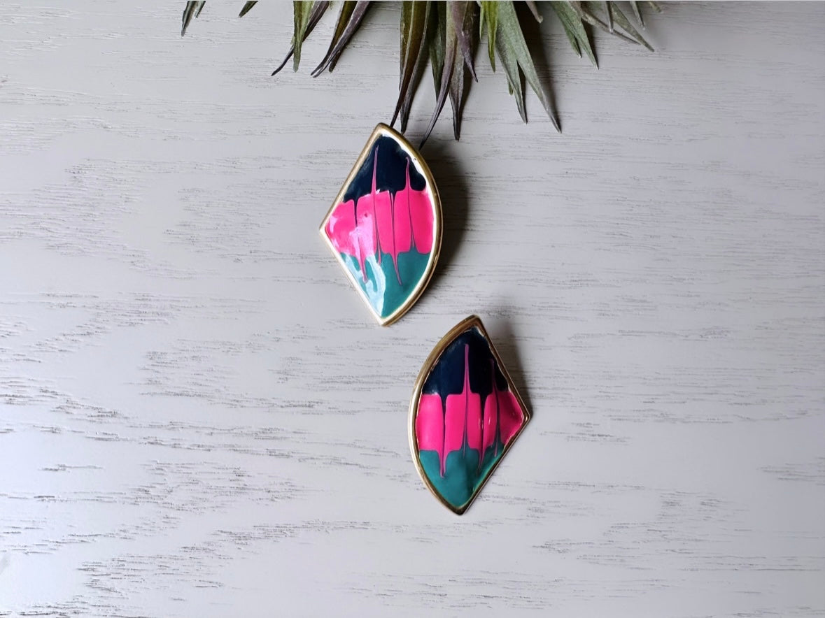 1980s Painted Abstract Earrings, Pink Teal Black and Gold Unique Colorful Paint Splatter Earrings, 80s Drip Enamel Pierced Statement Earring